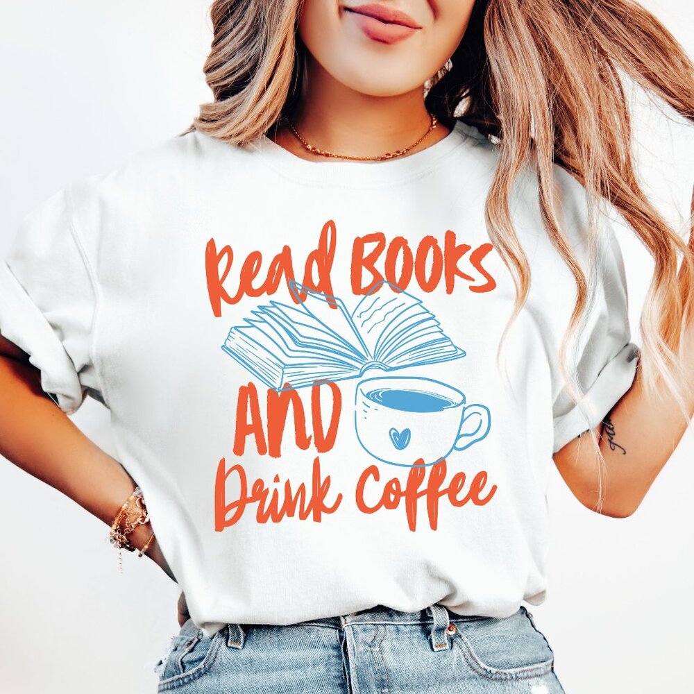 NEW Read Books and Drink Coffee Crewneck Graphic Tee Shirt, Book Lover Gift